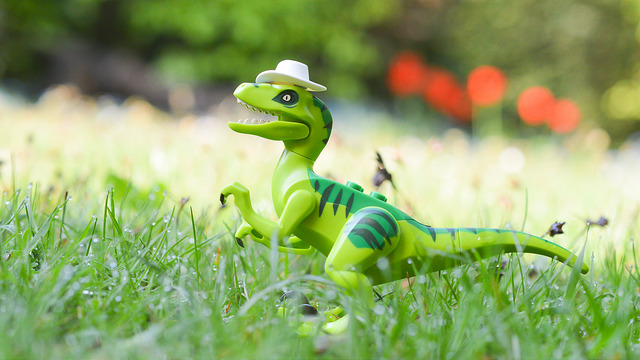 LEGO dinosaur wearing a cowboy hat