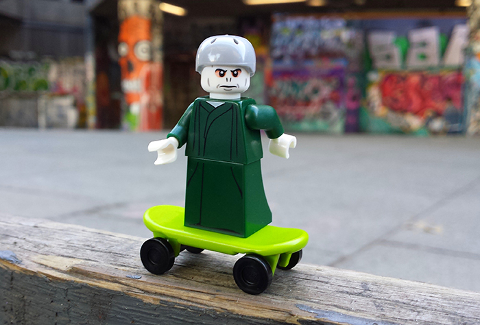 LEGO Voldemort on a skateboard