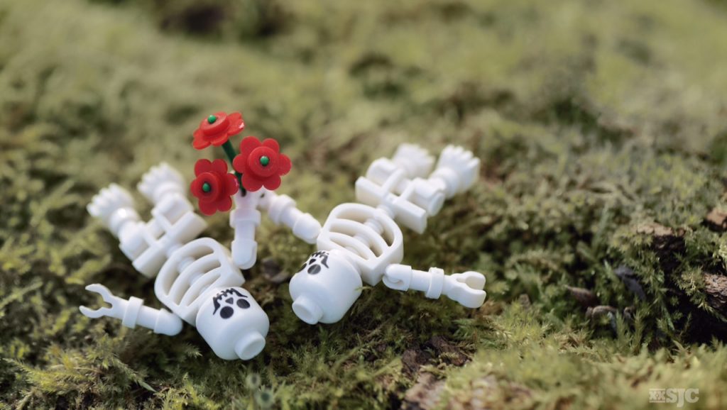 Two lego skeletons connected by the red lego flowers that they are holding show their love's endurance even in death.