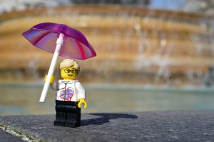 LEGO figure in London with umbrella