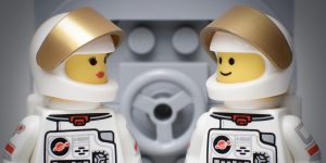 Two LEGO astronauts in space