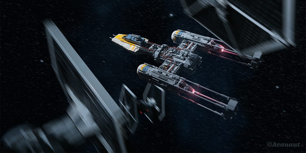 LEGO UCS Y-Wing flying through space flanked by two blurry TIE fighters by Avanaut