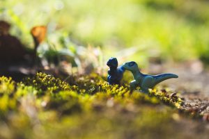 Teeny tiny dinosaurs having a conversation in moss.