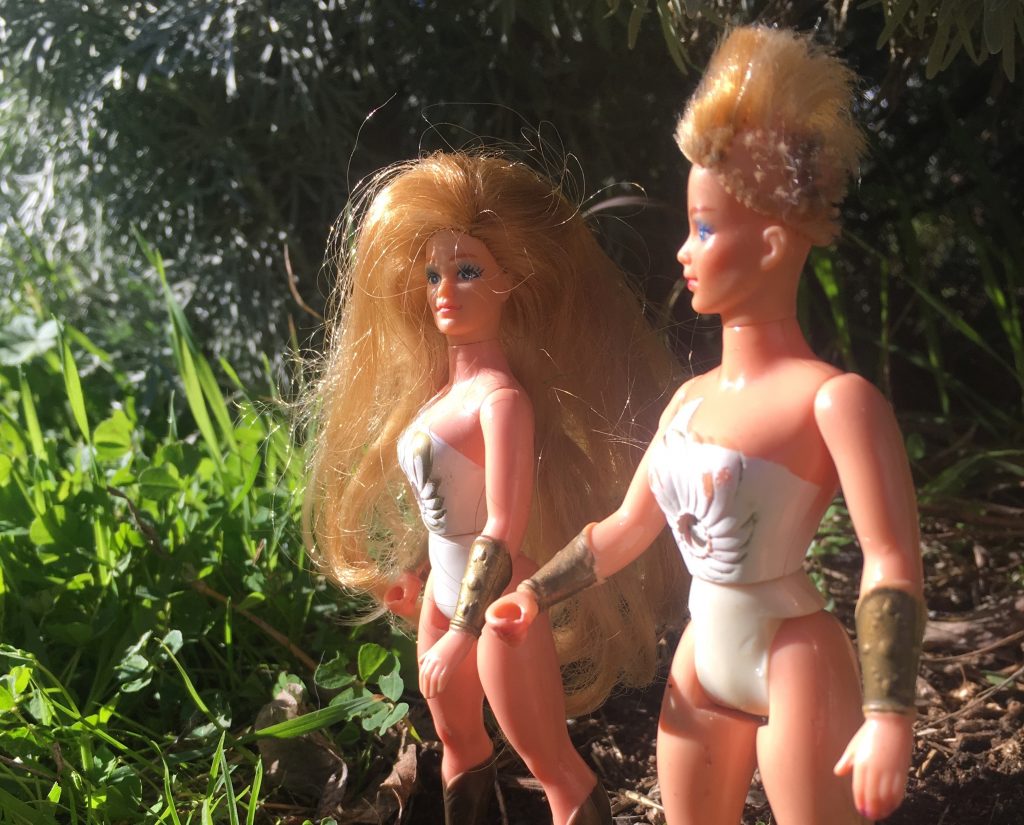A photo of two vintage She-Ra dolls standing under a grey wormwood bush in front of a lawn of overgrown green grass. One doll has hair cut harshly down to her scalp. The other has long, flowing blond hair like a barbie doll. 