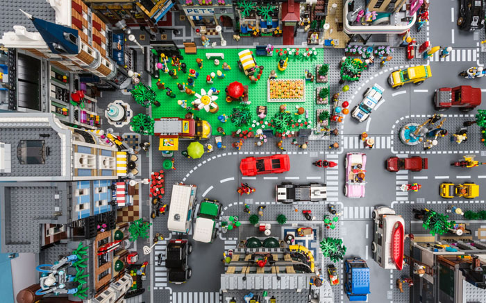 Aerial drone photo of Fredbricksburg, a LEGO Creator City