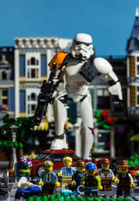 Giant Stormtrooper running amuck in Fredbricksburg, a LEGO Creator City.