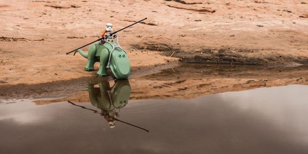 LEGO Stormtrooper taking his Dewback to the watering hole.