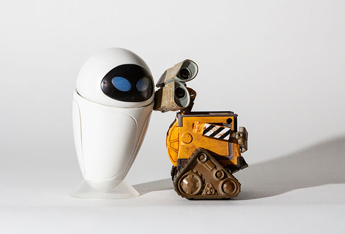 Wall-E and Eve lit with a single Lume Cube and frosted globe modifier.