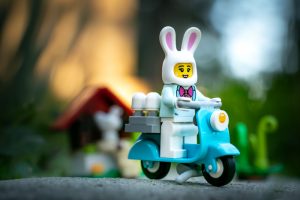 Easter Bunny LEGO set - driving her delivery bike by Teddi Deppner