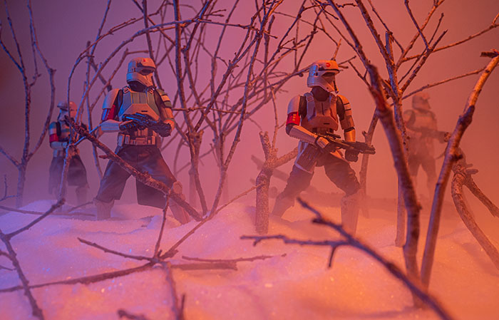 Scarif trooper action figures on patrol through the misty woods.