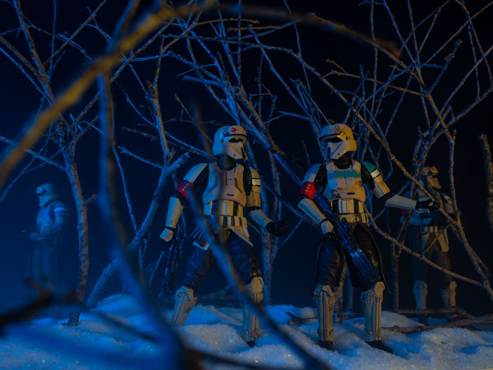 Scarif troopers patrolling through the misty woods in the snow.