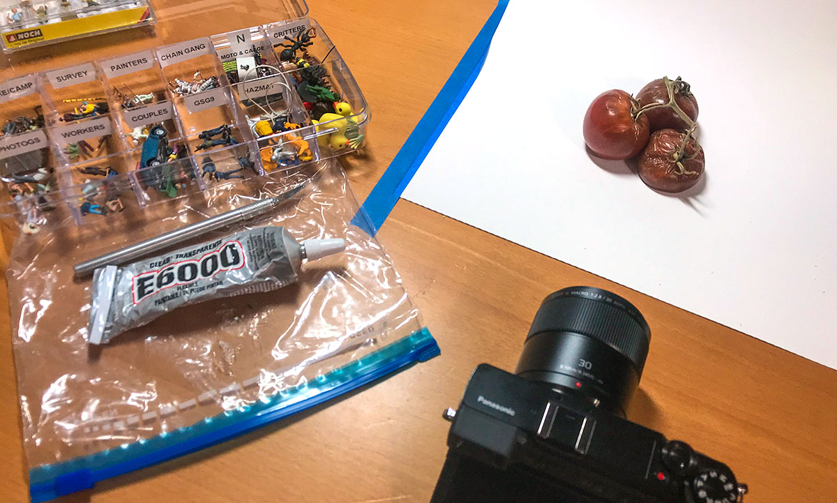 Behind the scenes with rotten tomatoes, HO scale figures and Panasonic M4:3 camera.