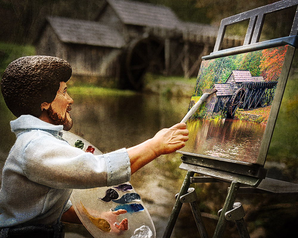 Bob Ross painting in front of Mabry Mill, taking the worries of quarantine away.