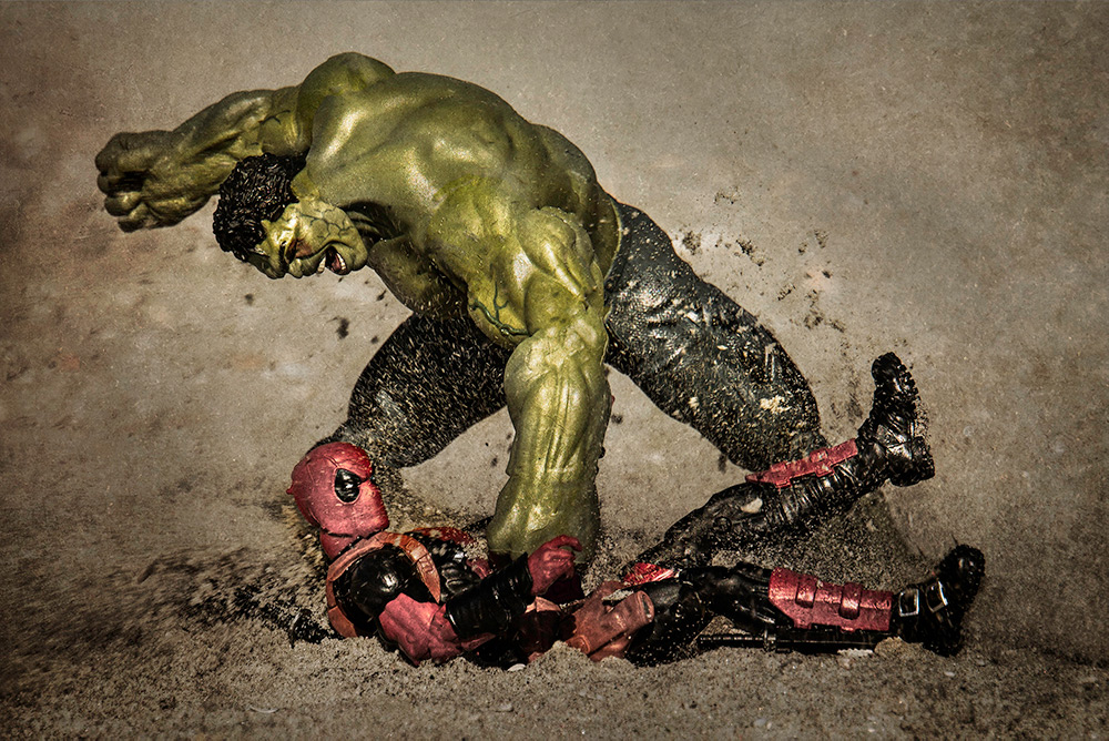 Hulk smashes Deadpool, no joints
