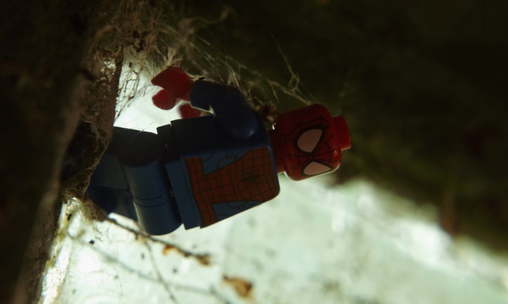 Spider-Man hanging on the ball of cobweb