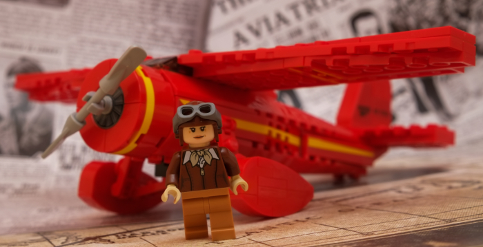 LEGO Lockheed Vega 5B model and the minifigure of Amelia Earhart
