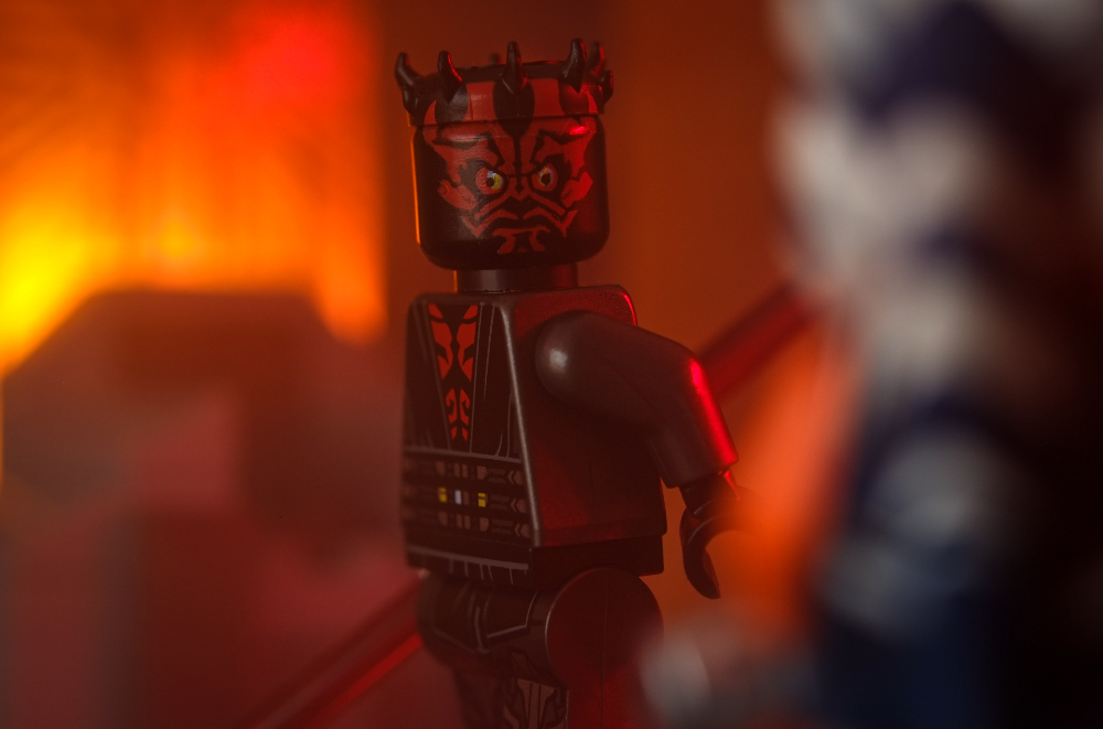 LEGO Darth Maul minifigure looking at Ahsoka Tano 