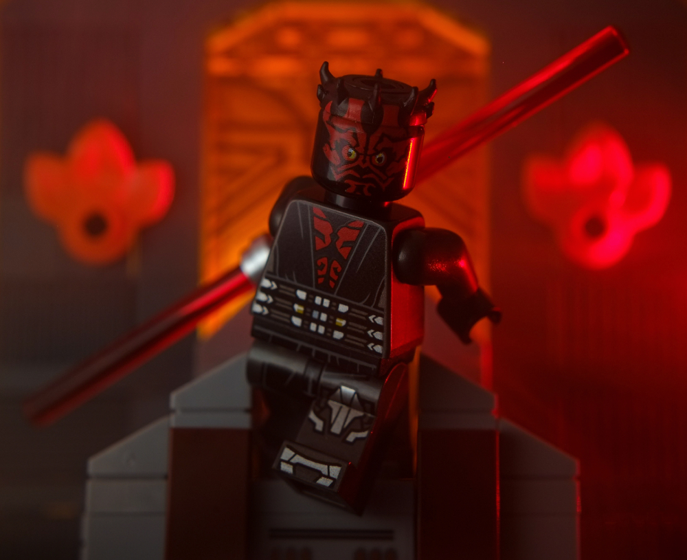 LEGO Darth Maul minifigure jumping off the Mandalore throne