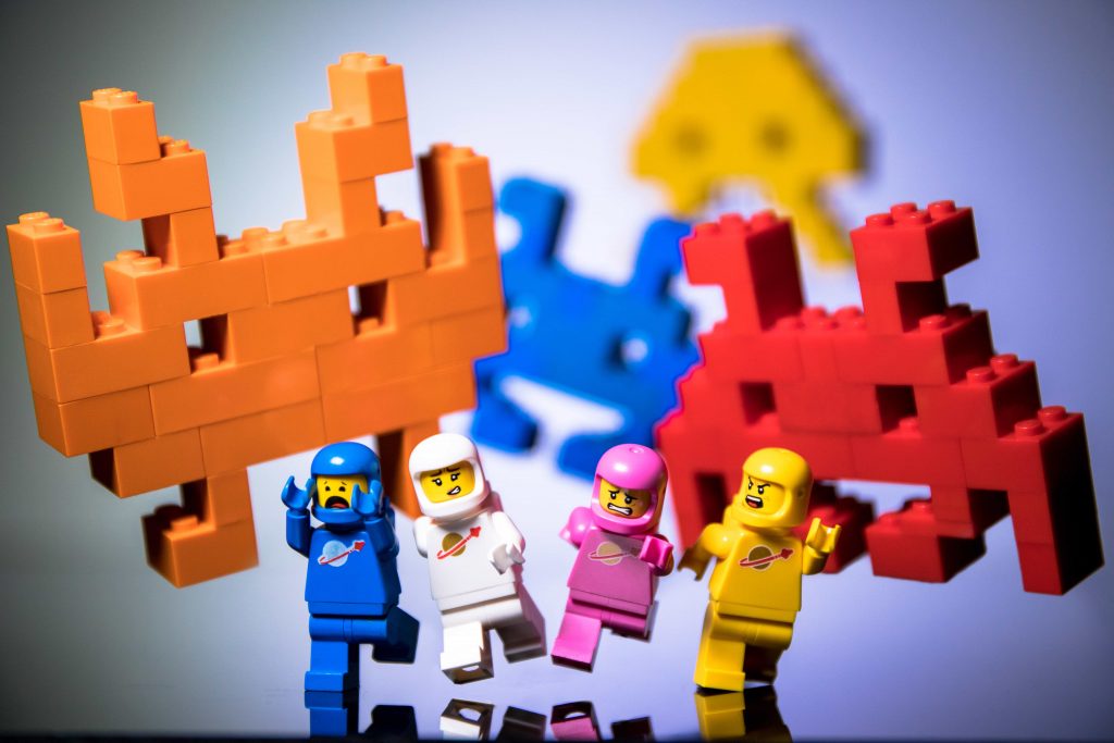 Classic LEGO space astronaut minifigures with MOC Space Invaders
