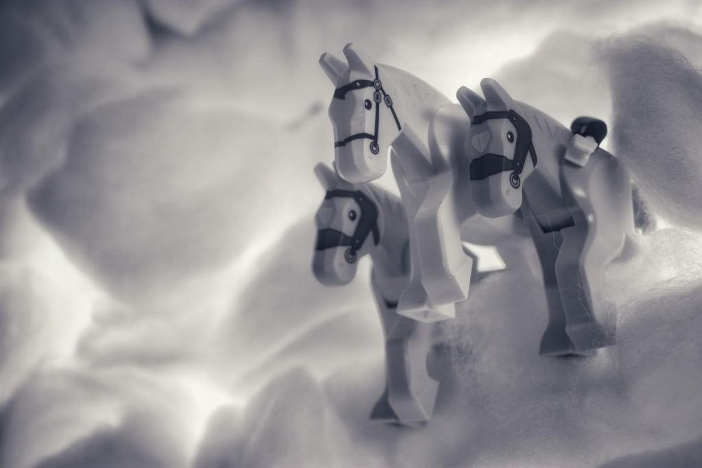 Three Lego horses emerging from the cotton wool clouds