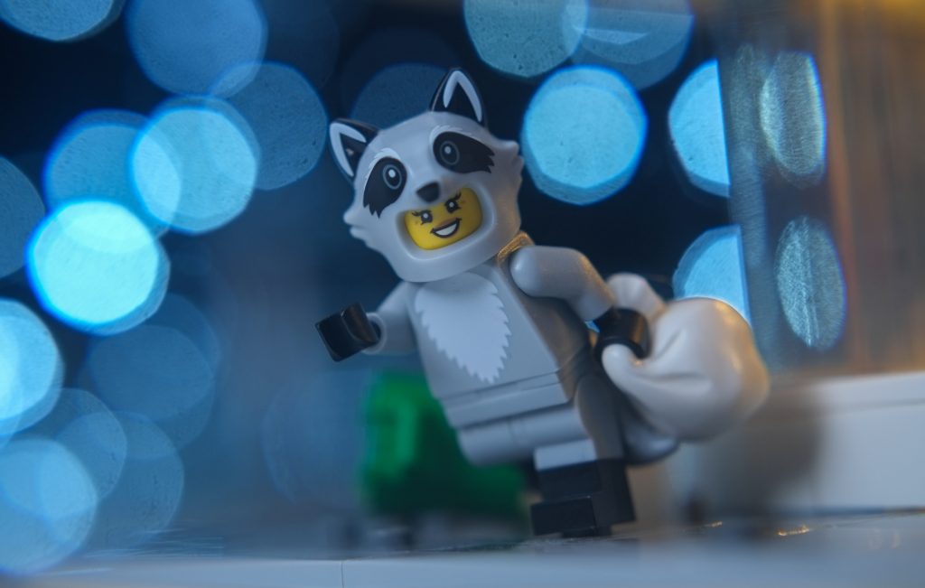 LEGO female minifigure in raccoon suit