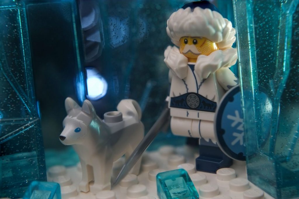 LEGO male warrior in winter clothes with moulded husky