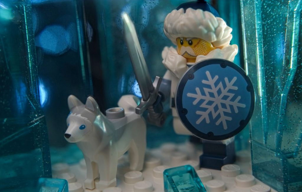 LEGO male warrior in winter clothes with moulded husky