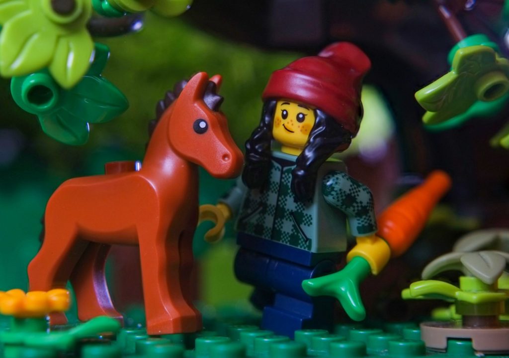 LEGO teenage girl minifigure with carrot standing next to moulded LEGO foal