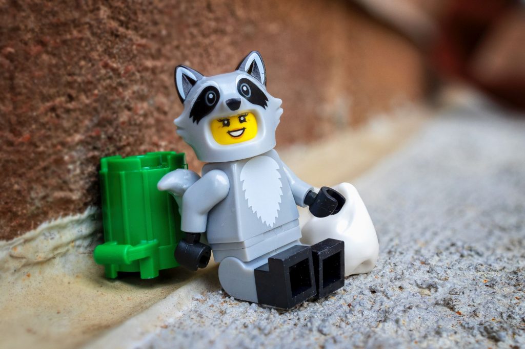 LEGO girl minifigure in raccoon suit.