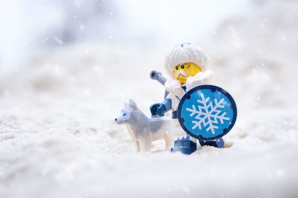 LEGO snow warrior minifigure with LEGO husky dog