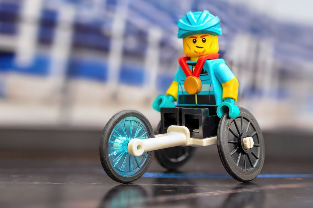 LEGO athlete minifigure on the race type wheelchair.