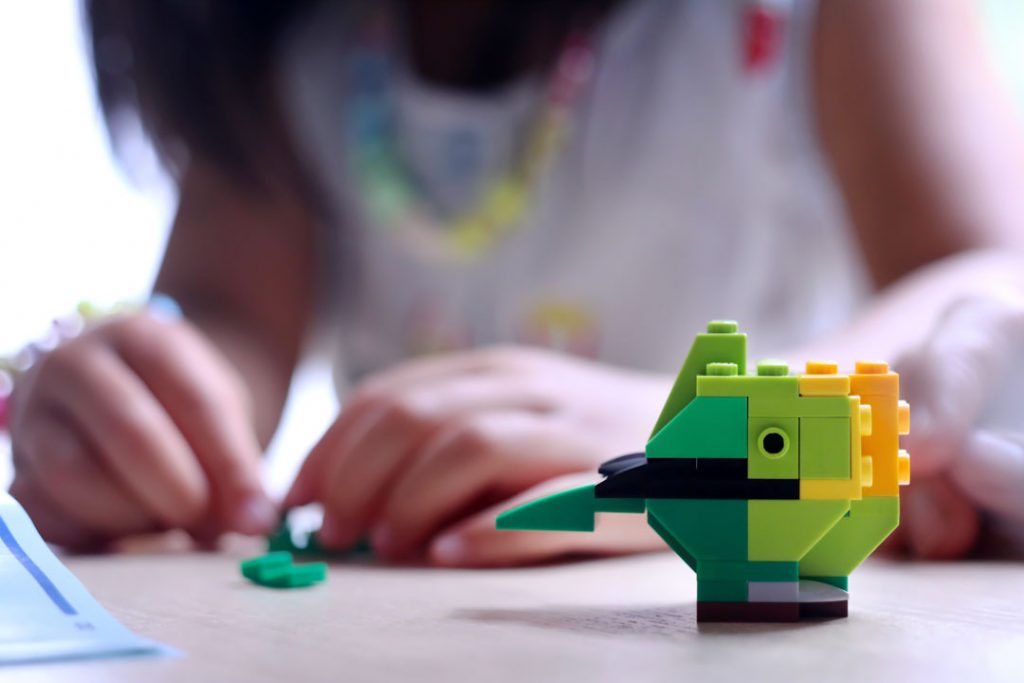 Child's hands building a LEGO 40522 lovebirds set with partly built bird in the foreground