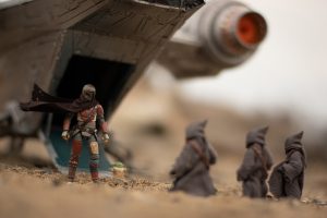 Star Wars the Vintage Collection 3.75-inch Mandalorian, Grogu and off-world jawa action figures outside the HasLab Razor Crest ship by Chris Lynch, @chezpics66
