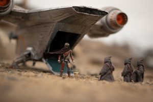 Wider image of Star Wars the Vintage Collection 3.75-inch Mandalorian, Grogu and off-world jawa action figures outside the HasLab Razor Crest ship by Chris Lynch, @chezpics66