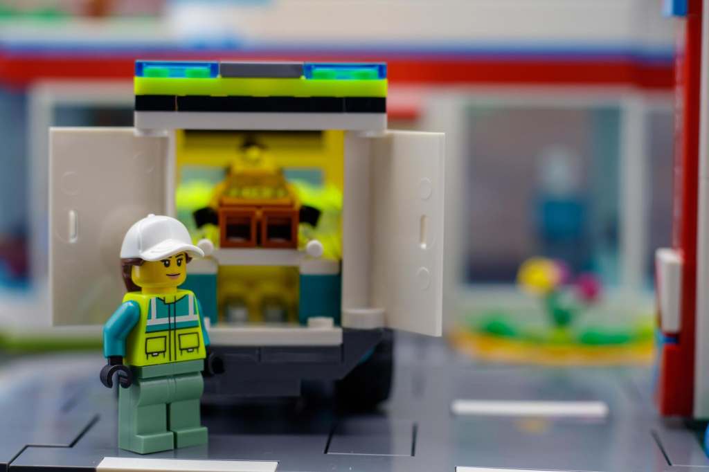 LEGO brick-built ambulance with opened rear-door