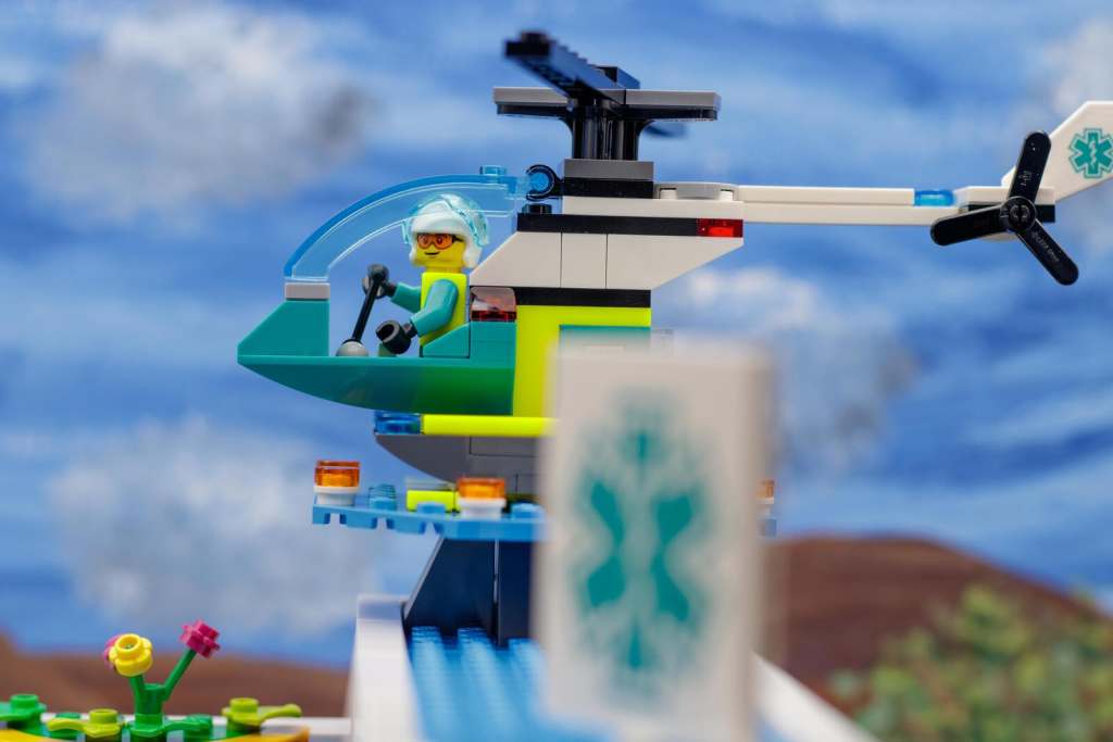 LEGO medevac helicopter on hospital landing pad