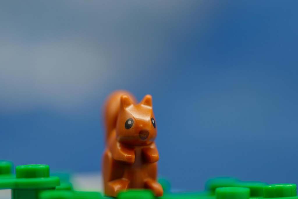 A close-up of LEGO squirrel sitting on the top of the hospital 