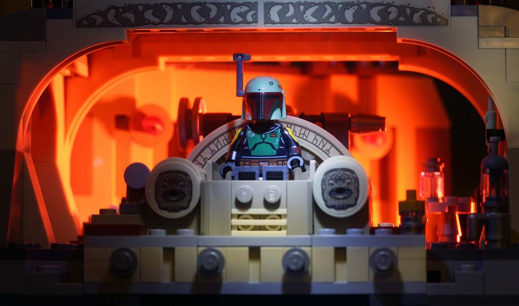 Boba Fett seated in LEGO Star Wars Boba Fett's Throne Room 75326