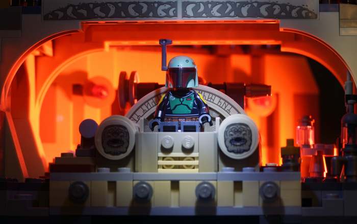 Boba Fett seated in LEGO Star Wars Boba Fett's Throne Room 75326