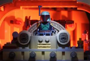 Boba Fett seated in LEGO Star Wars Boba Fett's Throne Room 75326 cropped