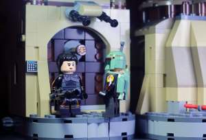 minifigures Fennec Shand and Boba Fett in view of the door eye and turret from LEGO Star Wars Boba Fett's Throne Room 75326