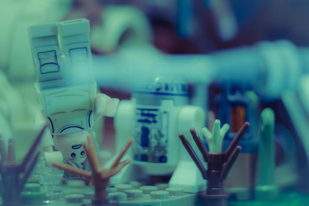 LEGO Luke Skywalker minifigure Force training among the Dagobah LEGO diorama.