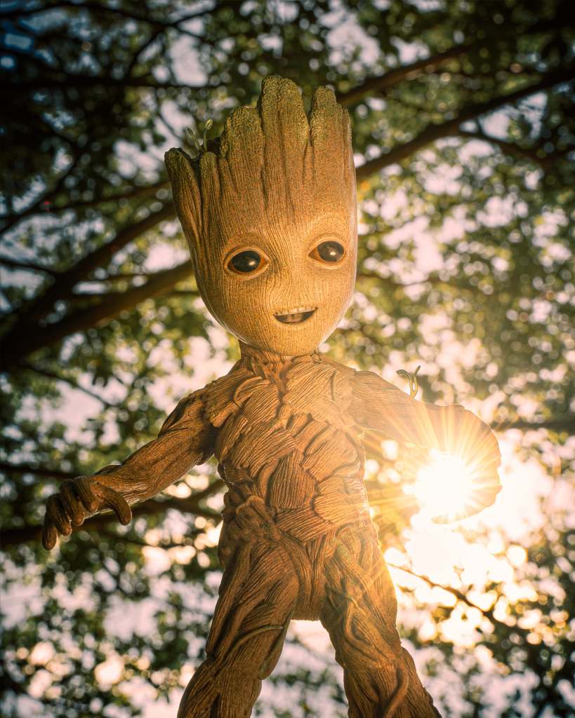 Baby Groot holding the sun.