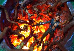 Neca Ash figure from Evil Dead falling into a pit - Articulated Comic Book Art (ACBA) OcToyber 2021 First-Place winning photo by Jesus Herrera, @0ctabrain