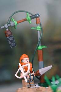 Aloy minifigure with spear and bow, from LEGO Horizon Forbidden West: Tallneck (76989) set