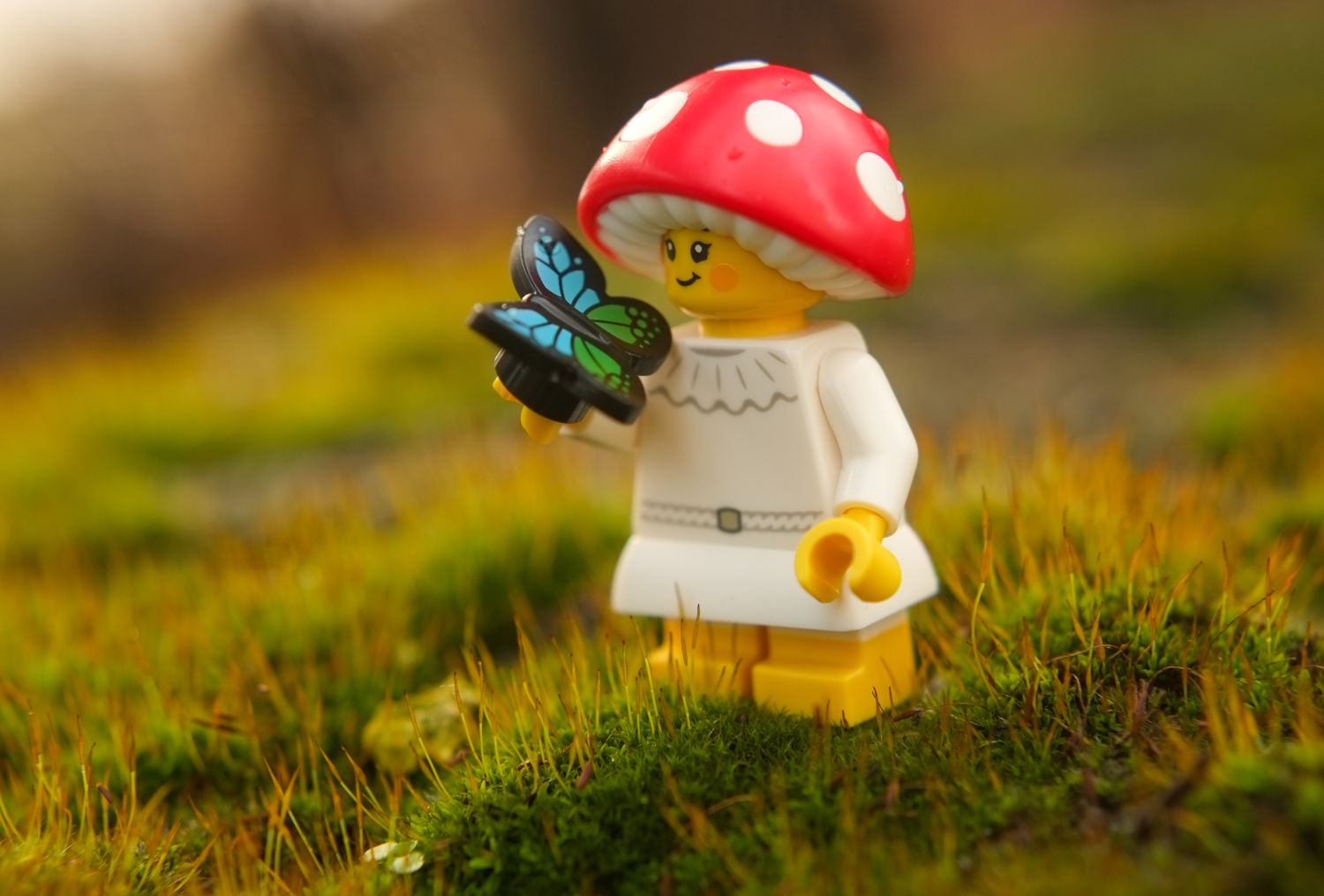 A LEGO mushroom sprite minifigure holding a LEGO butterfly.