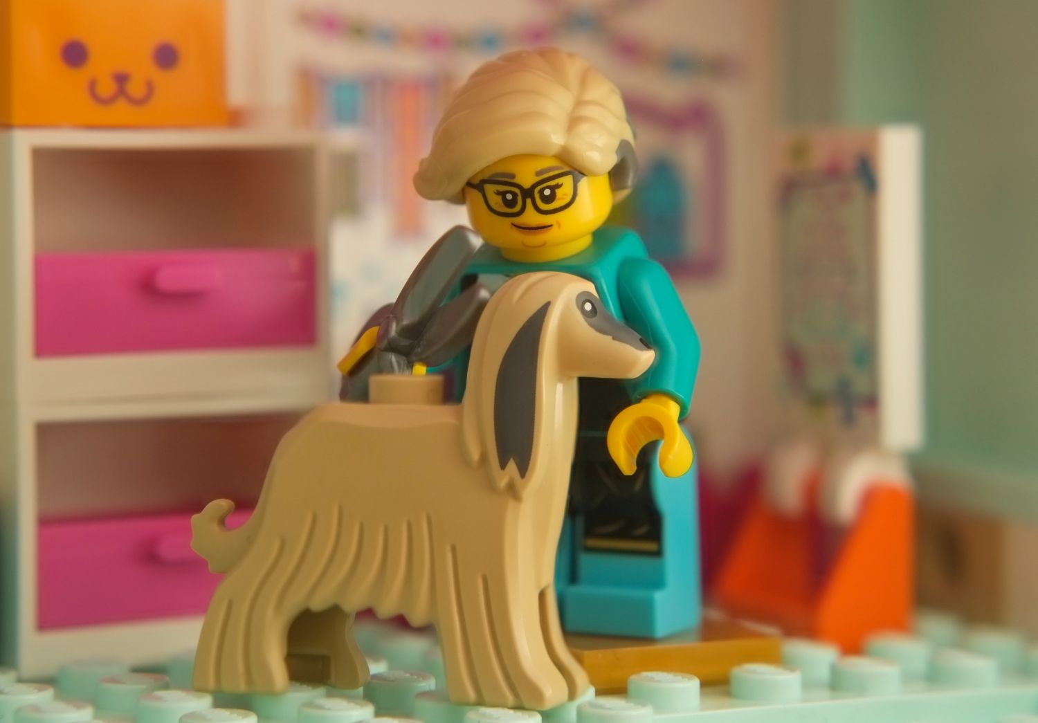 LEGO pet groomer with LEGO Afghan Hound and scissors
