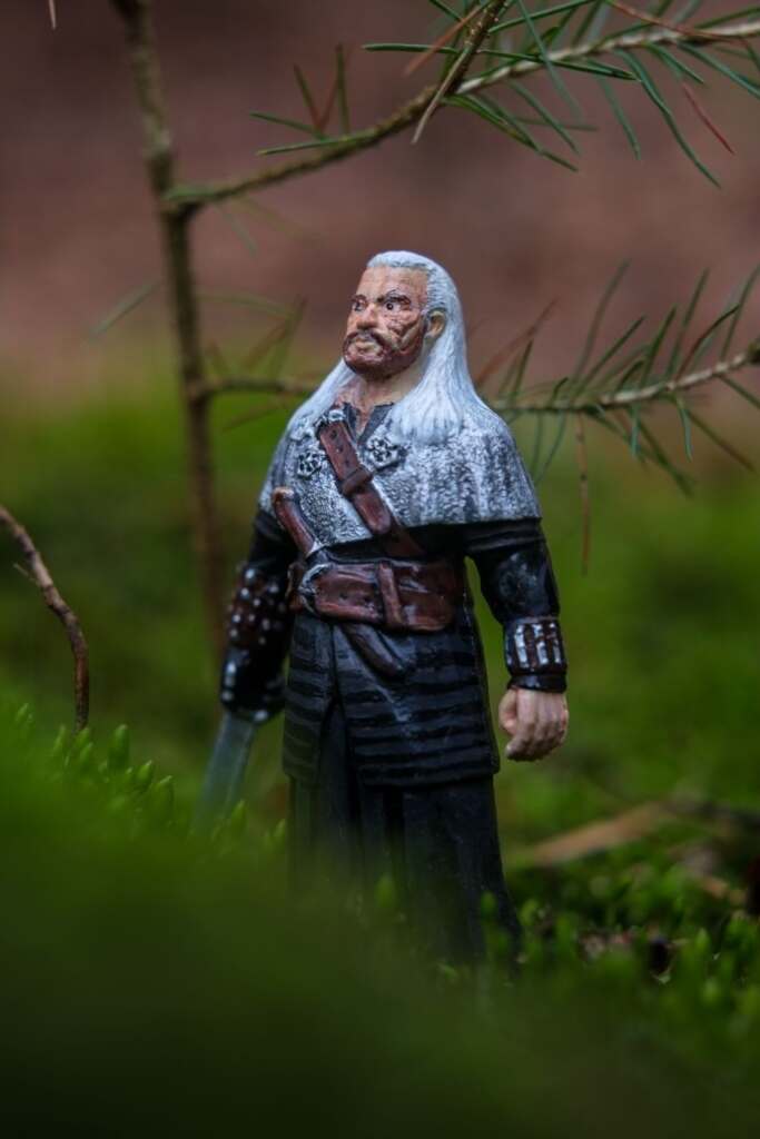 A portrait of bootleg Witcher figure, made in Poland and based on Polish The Witcher series.