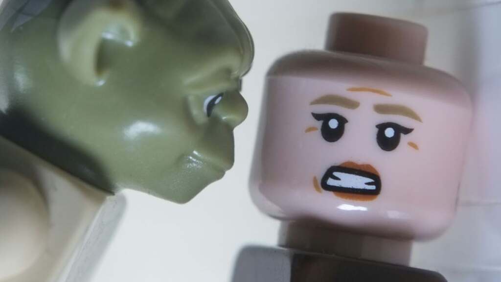 LEGO rendition of iconic close up scene from Alien 3 with Ellen Ripley and Yoda instead of xenomorph