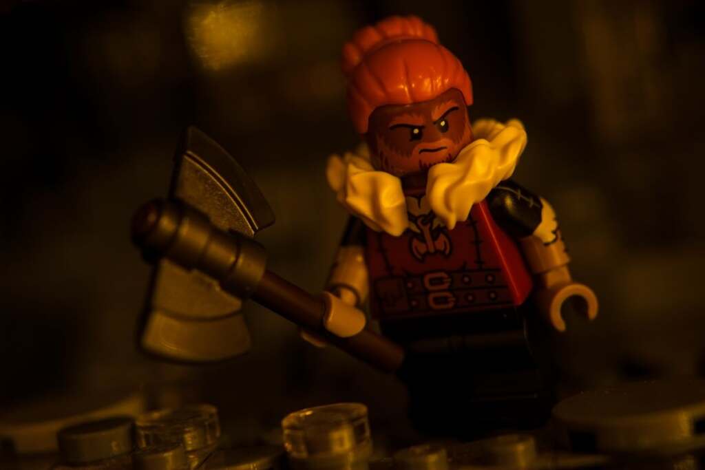 LEGO male dwarf barbarian minifigure with axe 